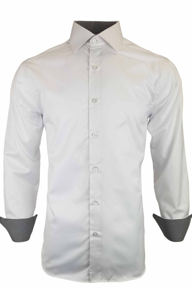Men's White with Black Check Contrast Shirt - Long Sleeve - Uniform Edit