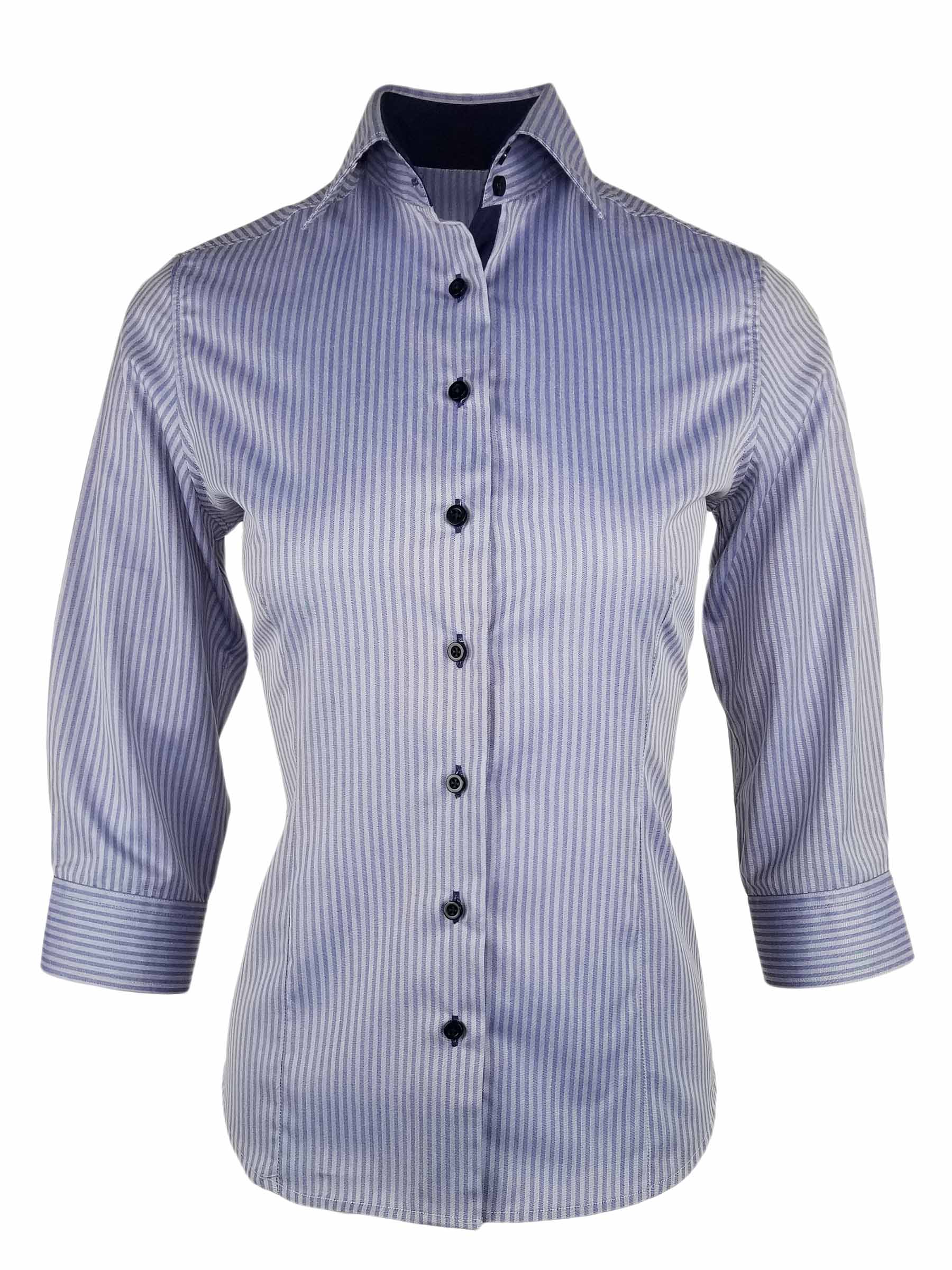 Women's Blue Self Stripe with Navy Contrast Shirt - Three Quarter ...