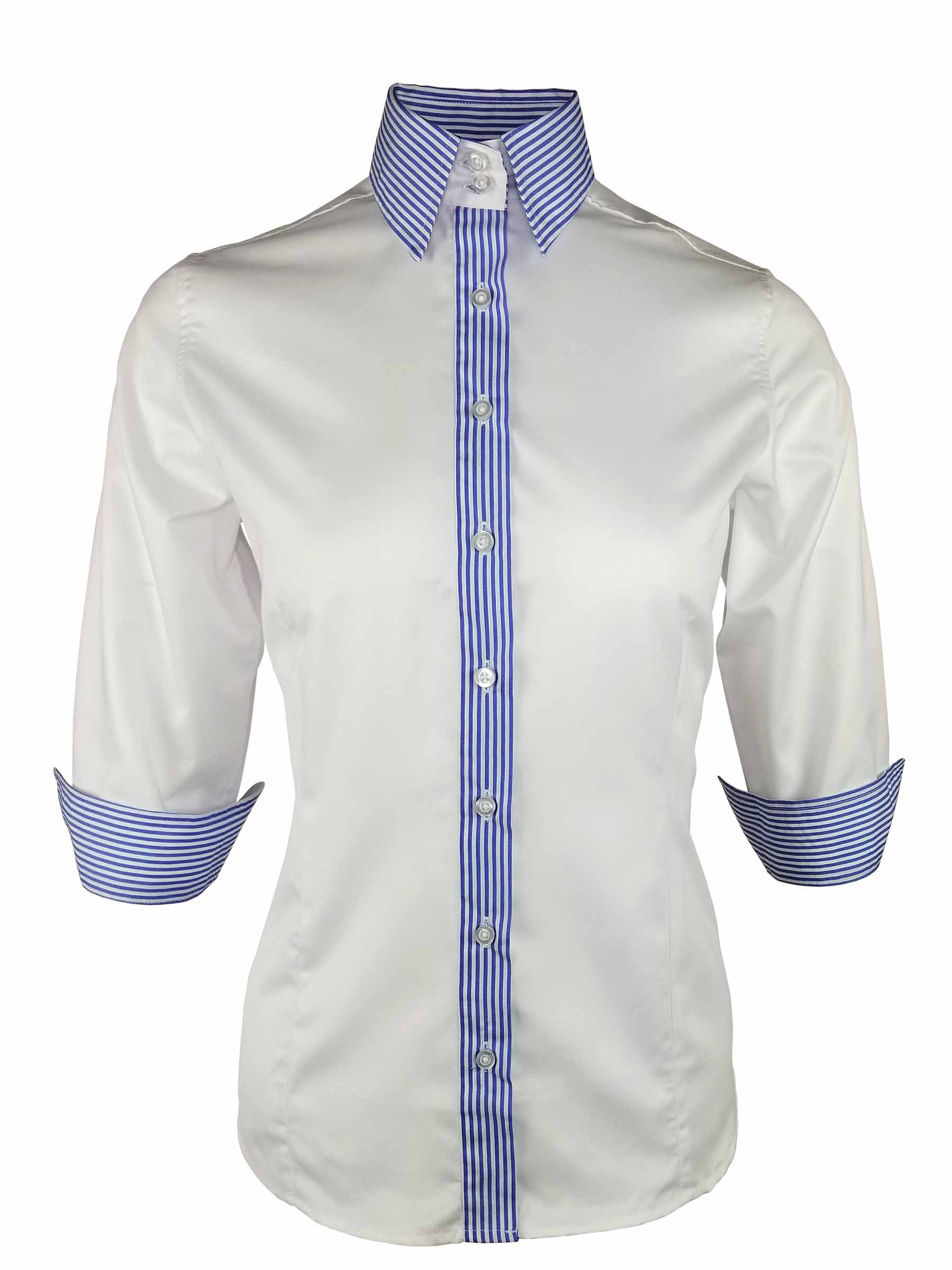 Women's White Dynamic Blue Stripe Contrast Shirt - Three Quarter Sleeve ...