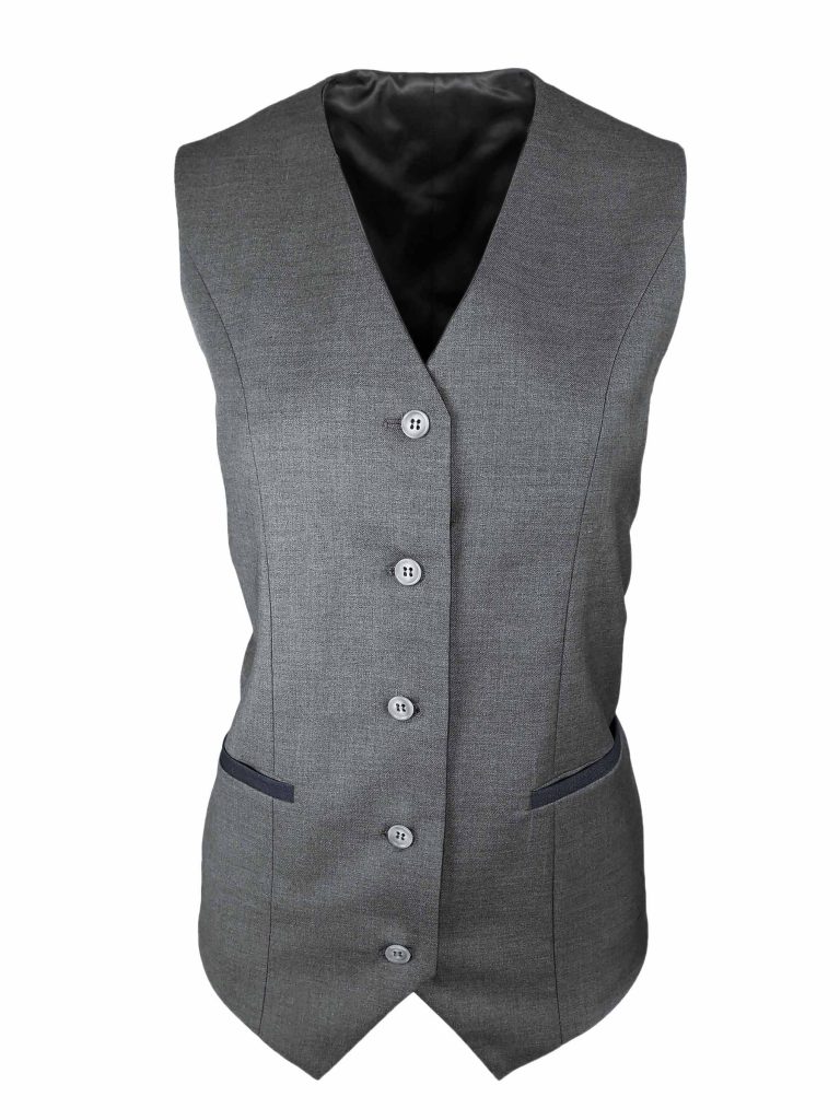 pink shirt grey vest