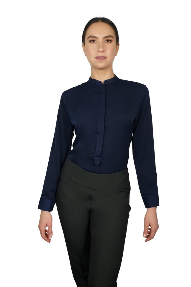 Francesca Mandarin Collar Blouse - Navy Long Sleeve - Uniform Edit