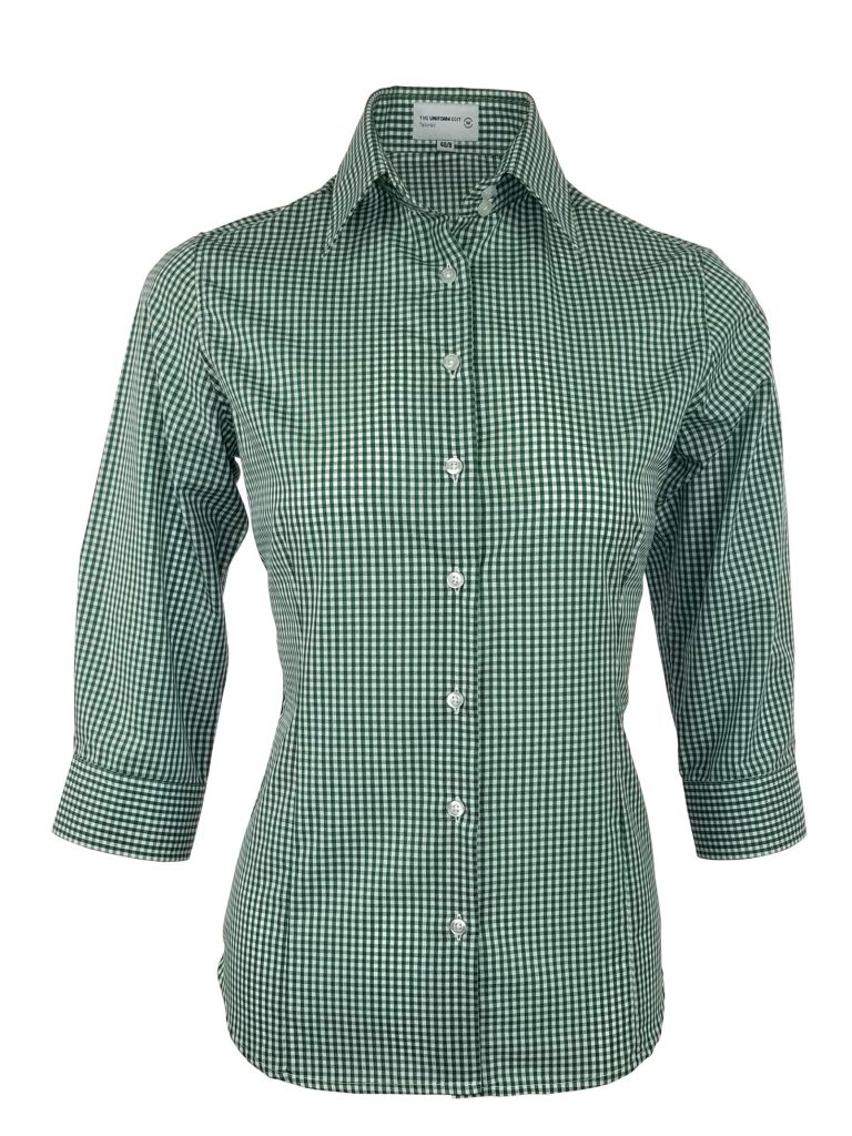 Women's Cotton Gingham Shirt - Green Check Three Quarter Sleeve ...