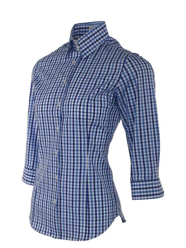 Women's Be Bold Shirt - Blue Navy Check Three Quarter Sleeve - Uniform Edit