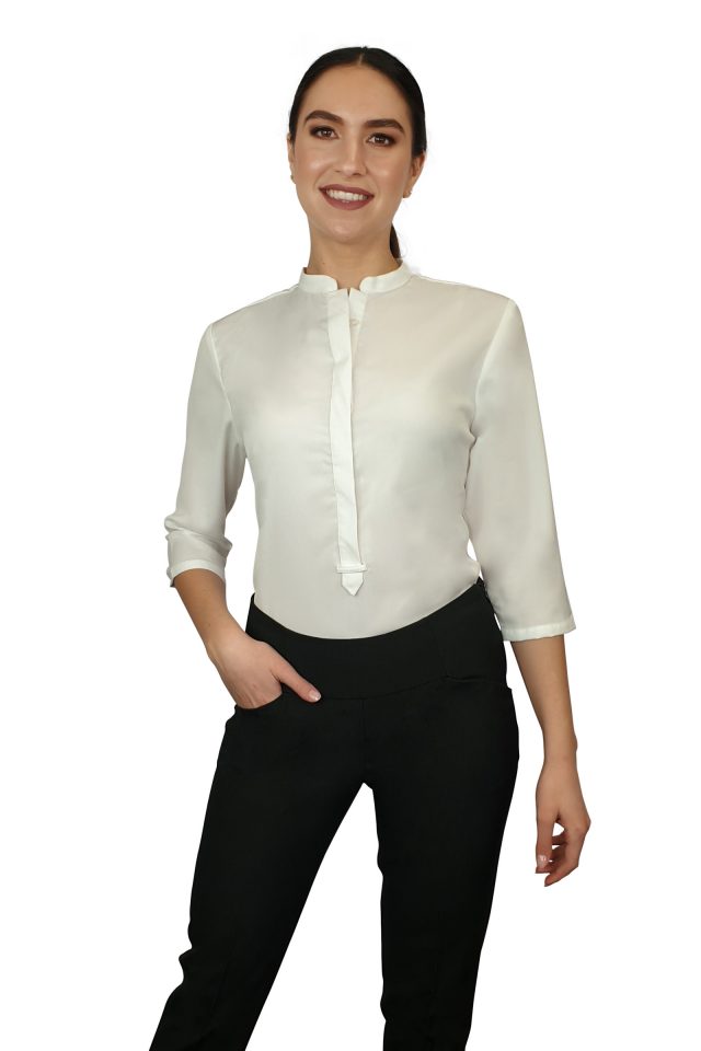 Francesca Mandarin Collar Blouse - White Three Quarter Sleeve - Uniform ...