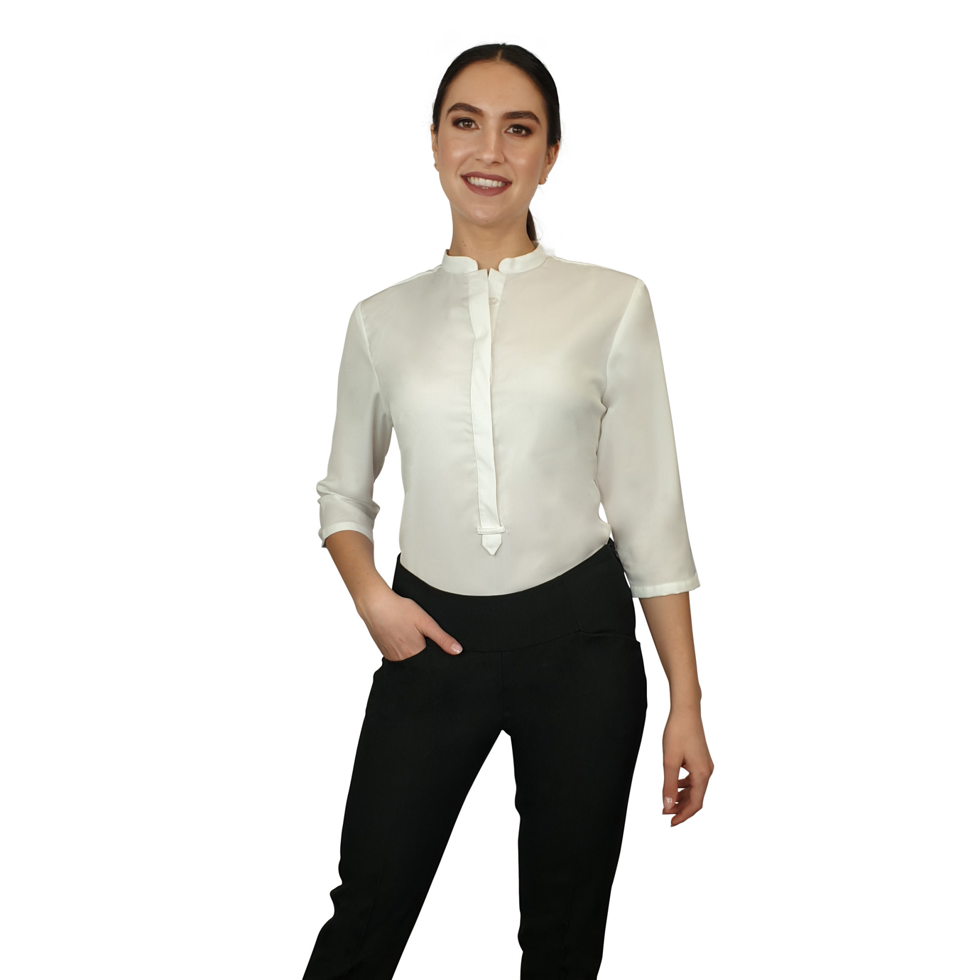 Francesca Mandarin Collar Blouse - White Three Quarter Sleeve - Uniform ...